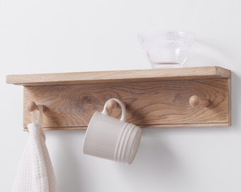 Oak Shaker Peg Shelf. Wooden coat rack with shelf. Handmade in UK.