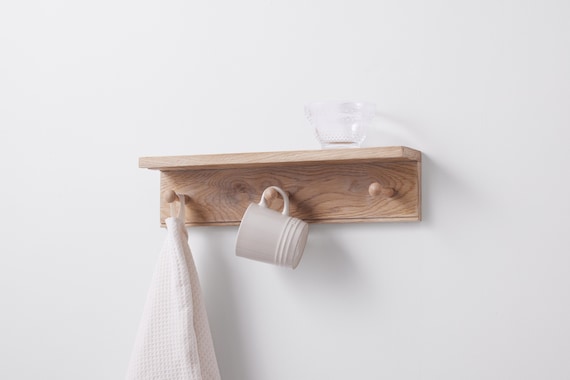 Oak Shaker Peg Shelf. Wooden coat rack with shelf. Handmade in UK.