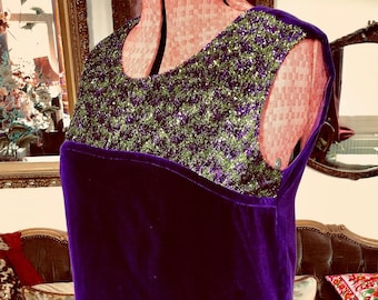 Stunning 1970s Floor Length Purple Velvet and Lame Maxi Dress Gown