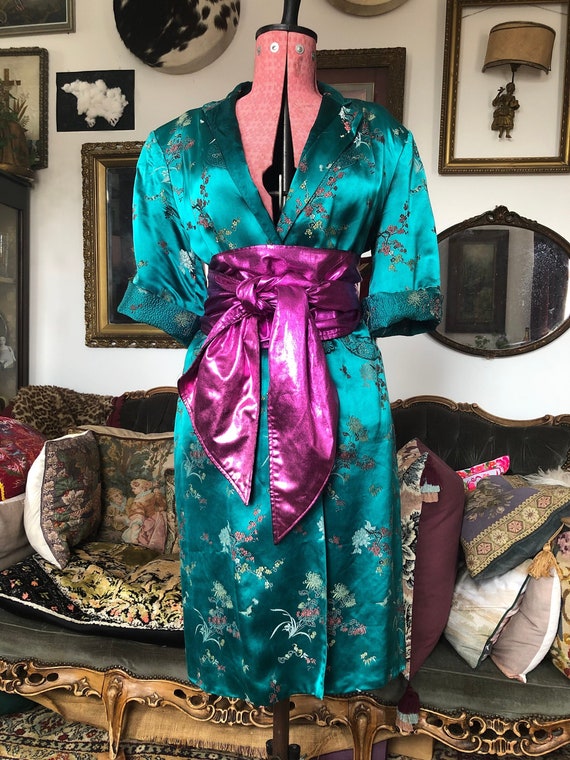 Vintage 1960s Chinese Oriental Embroidered Kimono Dressing Gown House Coat Overcoat Dress Turquoise UK 10 12. Etsy UK