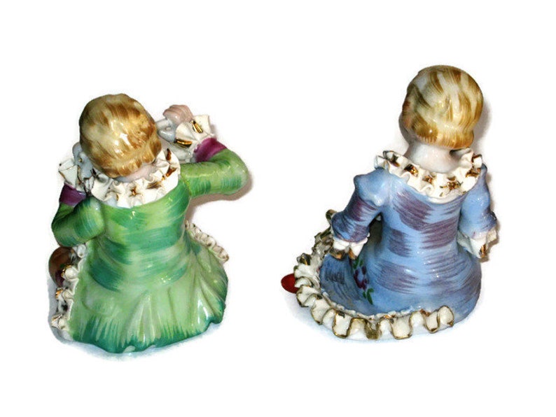 Vintage Victorian Couple Porcelain Figurine Ruffled Dress Suit Coat Flute Reading Courting In Love Romance Cottage Chic Japan Fine Quality