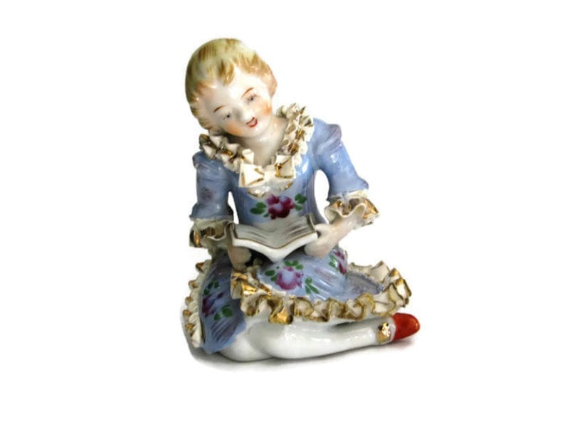 Vintage Victorian Couple Porcelain Figurine Ruffled Dress Suit Coat Flute Reading Courting In Love Romance Cottage Chic Japan Fine Quality