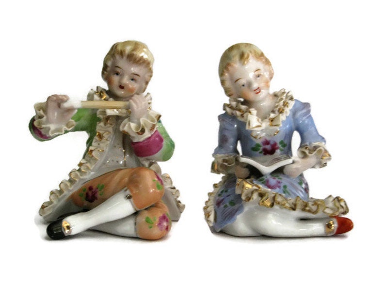 Vintage Victorian Couple Porcelain Figurine Ruffled Dress Suit Coat Flute Reading Courting In Love Romance Cottage Chic Japan Fine Quality