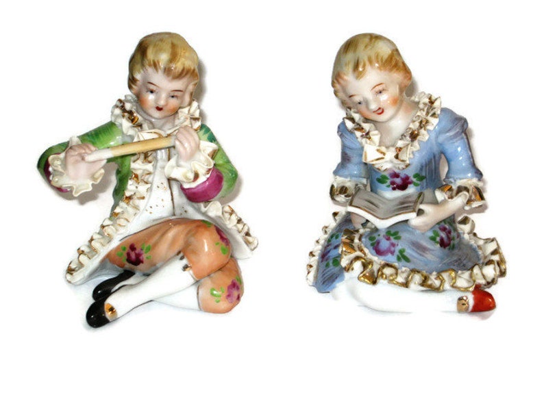 Vintage Victorian Couple Porcelain Figurine Ruffled Dress Suit Coat Flute Reading Courting In Love Romance Cottage Chic Japan Fine Quality