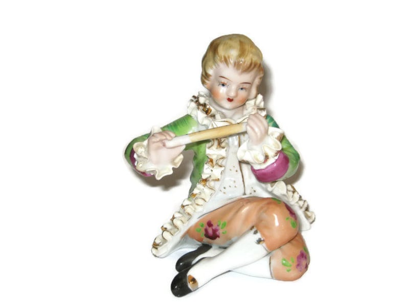 Vintage Victorian Couple Porcelain Figurine Ruffled Dress Suit Coat Flute Reading Courting In Love Romance Cottage Chic Japan Fine Quality