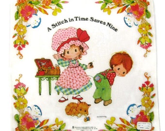 Vintage Childs Hankie Japan Boy Girl Cotton Drawing Board Greeting Cards Susanna Quote A Stitch in Time Saves Nine Kitten Butterfly Sewing