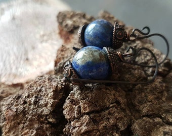 Genuine Lapis Lazuli Earrings / Handmade / Oxidized / Organic / One Of A Kind / Dark Blue / Copper Jewelry