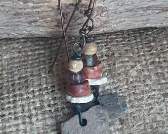 Prehistorical Stone Earrings /  Ostrich / Ancient / Rustic Earrings / Copper Earrings / Primitive / One Of A Kind / Neolithic / Raw Jewelry