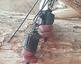 Raw Earrings / Raw Ruby and Raw Crystal Black Tourmaline / Handmade / Gift Idea / Unique / One Of A Kind / Raw Jewelry