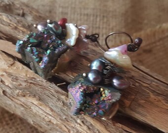 Raw Earrings / Handmade / Crystal and Pearl / Rustic / Unique / One Of A Kind / Raw Jewelry