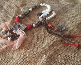 Rustic Copper Necklace/Raw Stones Necklace/Pearl/Primitive Prehistoric Petrified/Handmade/Unique/Shaman/Ancient/Metal Smith/Raw Jewelry