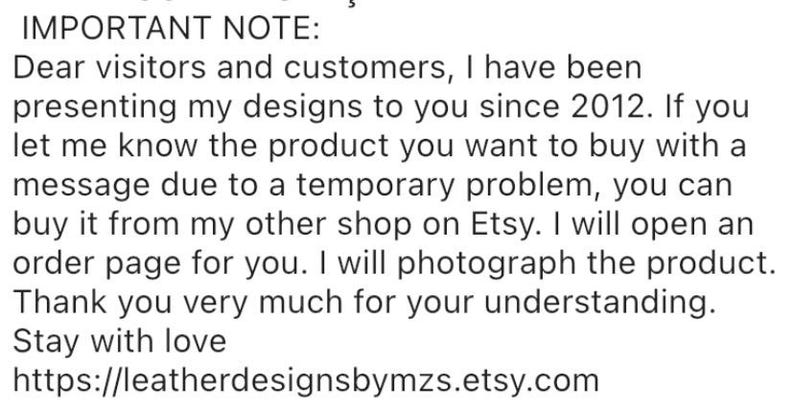 K&ouml;nnte beinhalten: Text auf wei&szlig;em Hintergrund, der erkl&auml;rt, dass der Verk&auml;ufer seit 2012 Designs verkauft und dass Kunden aufgrund eines vor&uuml;bergehenden Problems Artikel in seinem anderen Etsy-Shop kaufen k&ouml;nnen. Der Text enth&auml;lt einen Link zum Shop: https://leatherdesignsbymzs.etsy.com