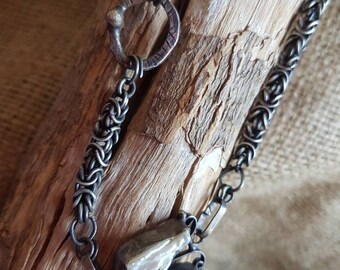 Byzantine Chain / Silver Pearl Pendant / Handmade / Rustic / Edgy / Metal Smith / Unique / One Of A Kind / Eco- Friendly / Primitive Jewelry