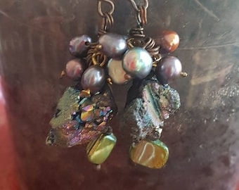 Raw Earrings / Handmade / Rustic / Unique / One Of A Kind / Crystal & Pearl / Raw Jewelry