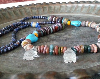 Tribal Necklace / Genuine Crystal Turtles / Turquoise / Trade Beads Ghana  / Talishman / Ethnic / Handmade / Ocean Casper / Organic Jewelry