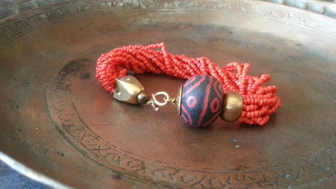 Tribal Bracelet / HANDMADE / Red / Brass / AFRICAN / Trade Bead / Earth Jewelry