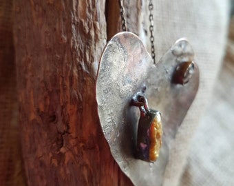 Heart Pendant / Herkimer Diamond and Pearl / Handmade / One Of A Kind / Gift Idea / Metal Smith / Unique / Eco-Friendly / Primitive Jewelry