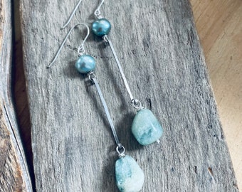 Sterling Silver Metalworked Earrings With Aquamarine and Pearl Boho Chic March Birthstone Summer Jewelry Wire Wrapped Statement Earrings