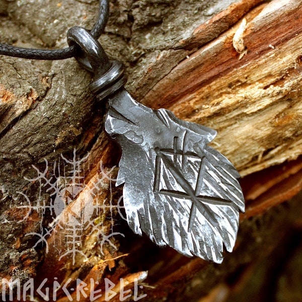 Forged Iron Wolf Head Rune Viking Pendant Amulet Runic Nordic Talisman Necklace