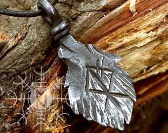 Forged Iron Wolf Head Rune Viking Pendant Amulet Runic Nordic Talisman Necklace