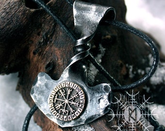 Forged Iron Thor Hammer Viking Mjolnir Twisted Handle Handmade Bronze Vegvisir Compass Magic Stave Futhark Pendant FM9
