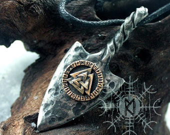 Pendentif viking, pendentif Gungnir, pendentif en fer forgé, collier Odin, collier fer de lance, collier Valknut en bronze, pendentif fait main Futhark