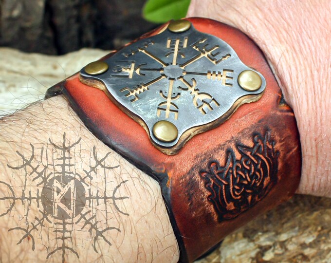 Viking Bracelet, Vegvisir Bracelet, Forged Iron Bracelet, Rune Bracelet, Amulet Bracelet, Leather Cuff, Leather Bracelet, Handmade Bracelet