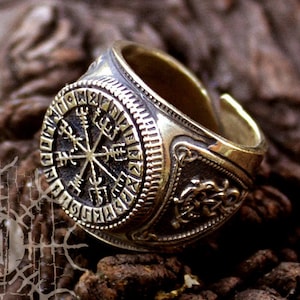 Viking Style Ring, Vegvisir Ring, Bronze Ring, Adjustable Viking Ring, Nordic Ring, Antique Style Ring, Viking Jewelry For Men, Futhark Ring