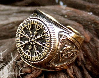 Viking Ring Helm of Awe Aegishjalmur Futhark Viking Magic Stave Runic Adjustable Size Ring Bronze