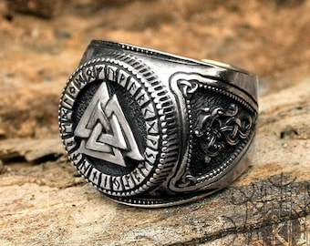 Anel Viking Valknut Prateado, Runas Futhark Odin Nórdico, Tamanho Ajustável, Anel Masculino