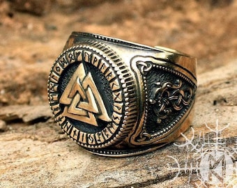 Viking Ring, Valknut Ring, Futhark Ring, Runic Ring, Odin Nordic Ring, Adjustable Size Bronze Ring