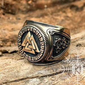 Viking Ring, Valknut Ring, Futhark Ring, Runic Ring, Odin Nordic Ring, Adjustable Size Bronze Ring