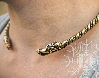 Viking Torc, Nordic Torc, Wolf Heads, Fenrir Torc, Nordic Torc, Handmade Torc, Twisted Wire Bronze Brass Neck Torc, Torque