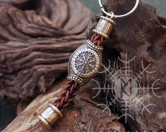 Bronze Vegvisir Aegishjalmur Bead Handmade Braided Brown Genuine Leather Keychain Zipper Charm