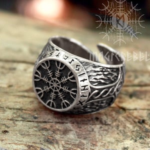 Silver Viking Ring Helm of Awe Aegishjalmur Futhark Magic Stave Runic Adjustable Size Ring