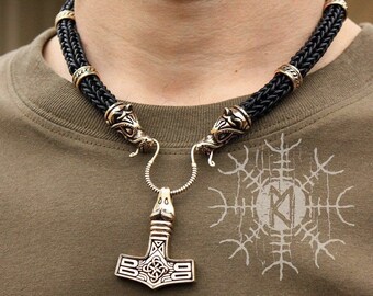 Viking Wolf Heads Braided Black Leather Necklace with Avian Eagle Head Pendant BM6