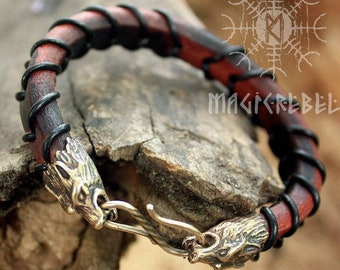 Viking Wolf Head Bracelet Handmade Bronze Fenrir Braided Genuine Leather Cuff WHB7