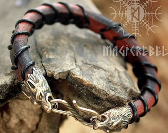 Bracelet tête de loup viking fait main en bronze Fenrir tressé en cuir véritable WHB7