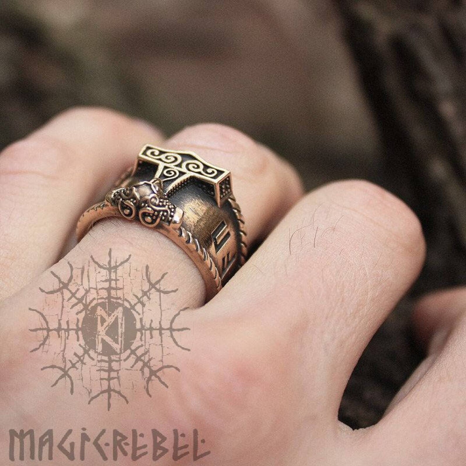 Viking Ring Bronze AUJA Good Luck Runes Mjolnir Thor Hammer Nordic ...
