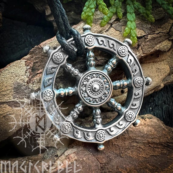 Silver Dharma Necklace, Dharmachakra, Wheel of Life, Samsara Amulet, Buddhist Talisman Pendant, Sterling Silver Jewelry