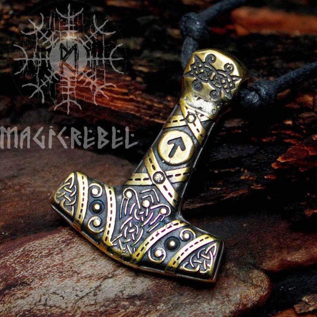 Bronze Thor's Hammer Tiwaz Rune Mjolnir Viking Nordic 3D Pendant