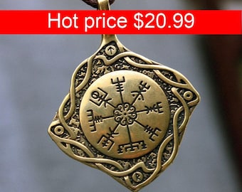 Vegvisir Viking Pendant Bronze Compass Icelandic Magic Stave Runic Nordic Necklace