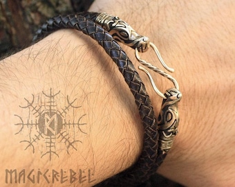 Bracelet viking en cuir véritable, double boucle, têtes de loup en bronze tressé rond trois couleurs WHB8