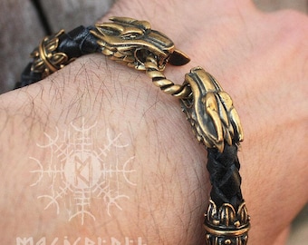 Viking Wolf Heads Bracelet, Bronze Handmade Braided Genuine Leather Arm Band | WHB1blk