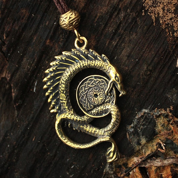 Bronze Celtic Dragon Serpent 3D Spiritual Amulet Pendant Talisman Necklace