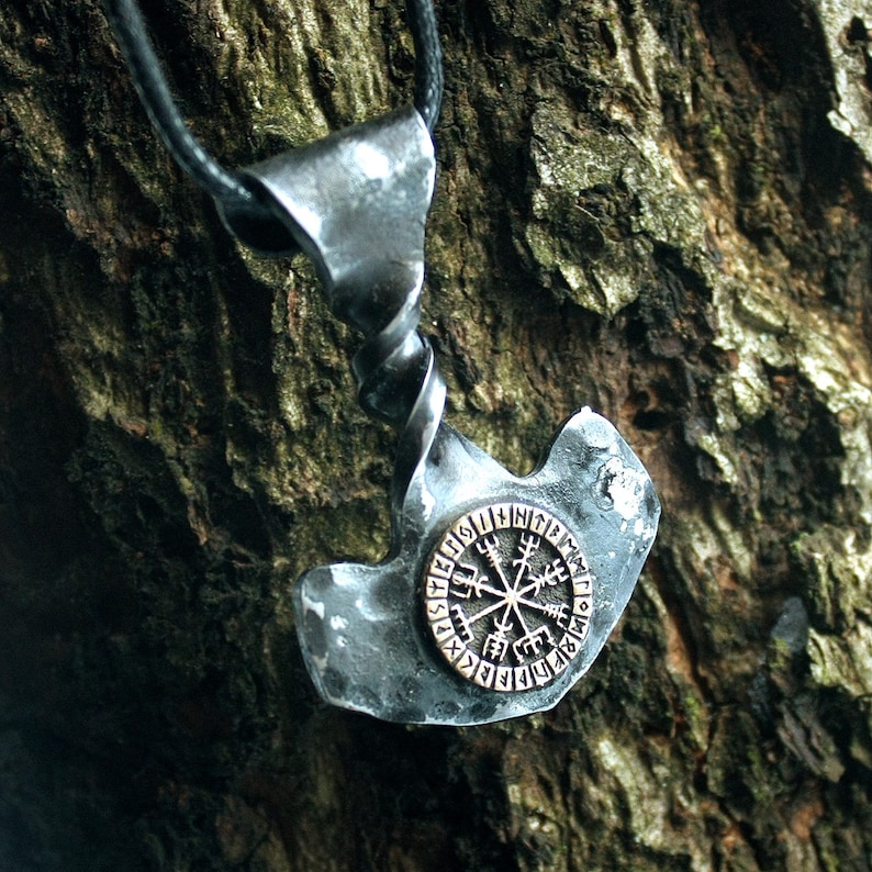 Forged Iron Thor Hammer Viking Mjolnir Twisted Handle Handmade Bronze Vegvisir Compass Magic Stave Futhark Pendant Blacksmith, Blacksmithing, Handmade Forge, Forged Jewelry, Viking Jewelry, Asgard, Norse Mythology, Metal Jewelry, Jewelry Making Thor