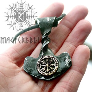 Forged Iron Thor Hammer Viking Mjolnir Twisted Handle Handmade Bronze Vegvisir Compass Magic Stave Futhark Pendant, Blacksmith, Blacksmithing, Handmade Forge, Forged Jewelry, Viking Jewelry, Asgard, Norse Mythology, Metal Jewelry, Jewelry Making Thor