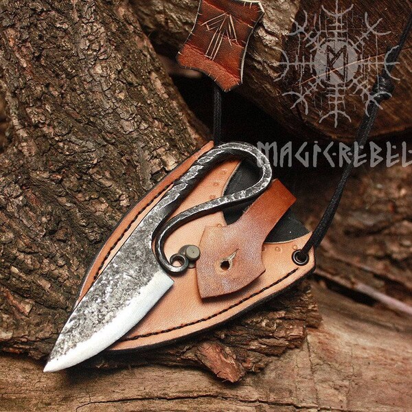 Forged Iron Handmade Miniature Vikings Hunting Knife & Leather Sheath Teiwaz Rune
