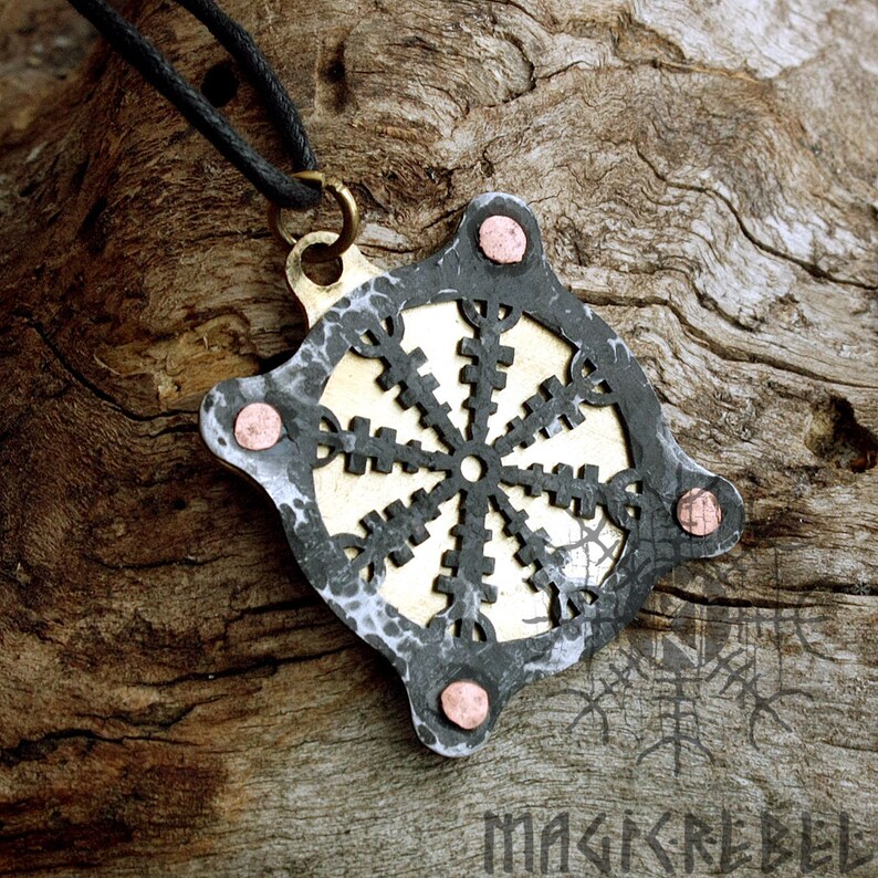 Viking Pendant, Helm of Awe Pendant, Aegishjálmur Pendant, Amulet Pendant, Nordic Pendant, Runic Pendant, Viking Talisman, Forged Iron Brass image 4