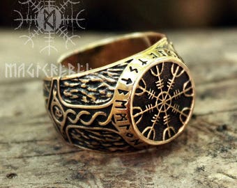 Viking Ring Helm of Awe Aegishjalmur Futhark Magic Stave Runic Adjustable Size Ring